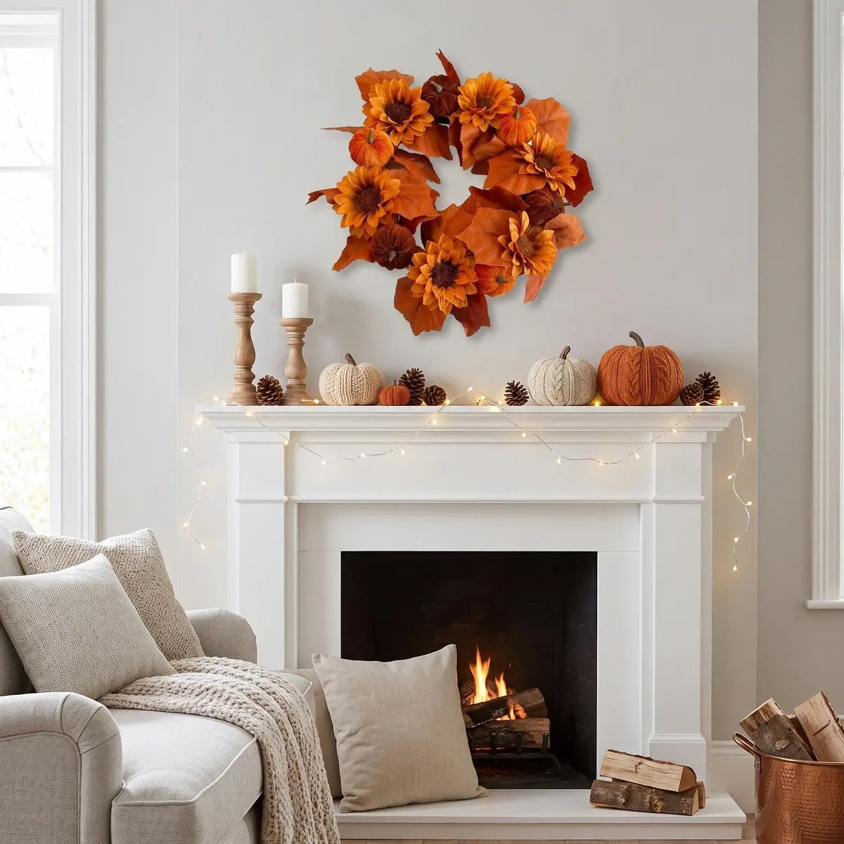 Artificial sunflower autumn wreath hung above a fireplace mantel for farmhouse Thanksgiving harvest home decor
