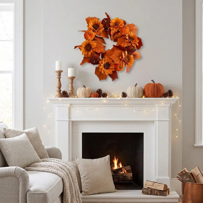 Artificial sunflower autumn wreath hung above a fireplace mantel for farmhouse Thanksgiving harvest home decor
