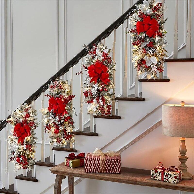 Christmas Door Swag with Bow, Artificial Pine Needle Swag with Berries & Glitter Leaves for Front Door Wall Fireplace Staircase Holiday Decor