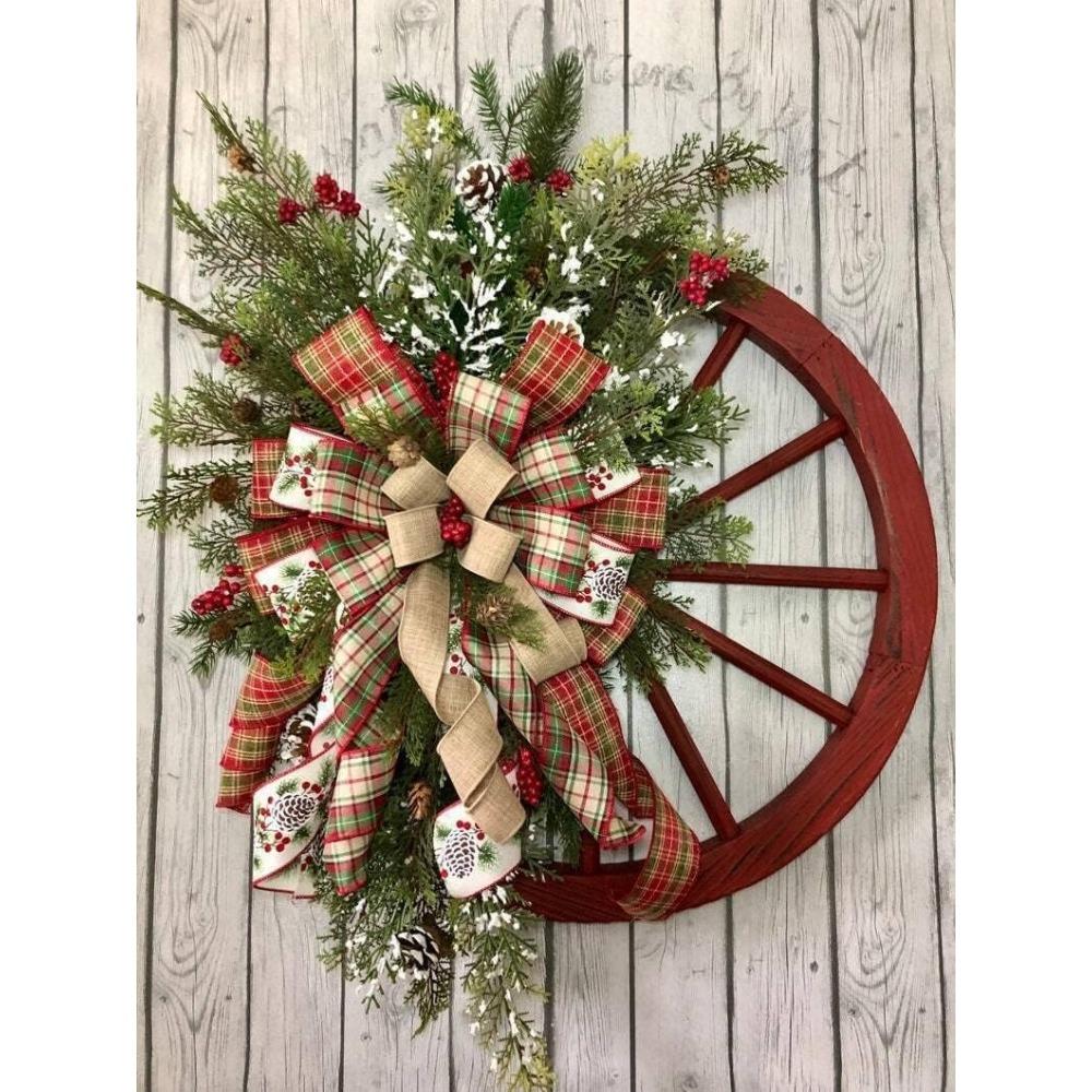Farmhouse Wagon Wheel Christmas Wreath | Rustic Front Door Holiday Decor with Ribbon Bow & Berry Accents