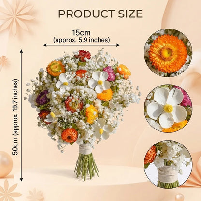 Dried flower bouquet size chart, 15cm x 50cm, 5.9in x 19.7in, white daisy, orange strawflower and baby's breath, stem and petal detail closeups