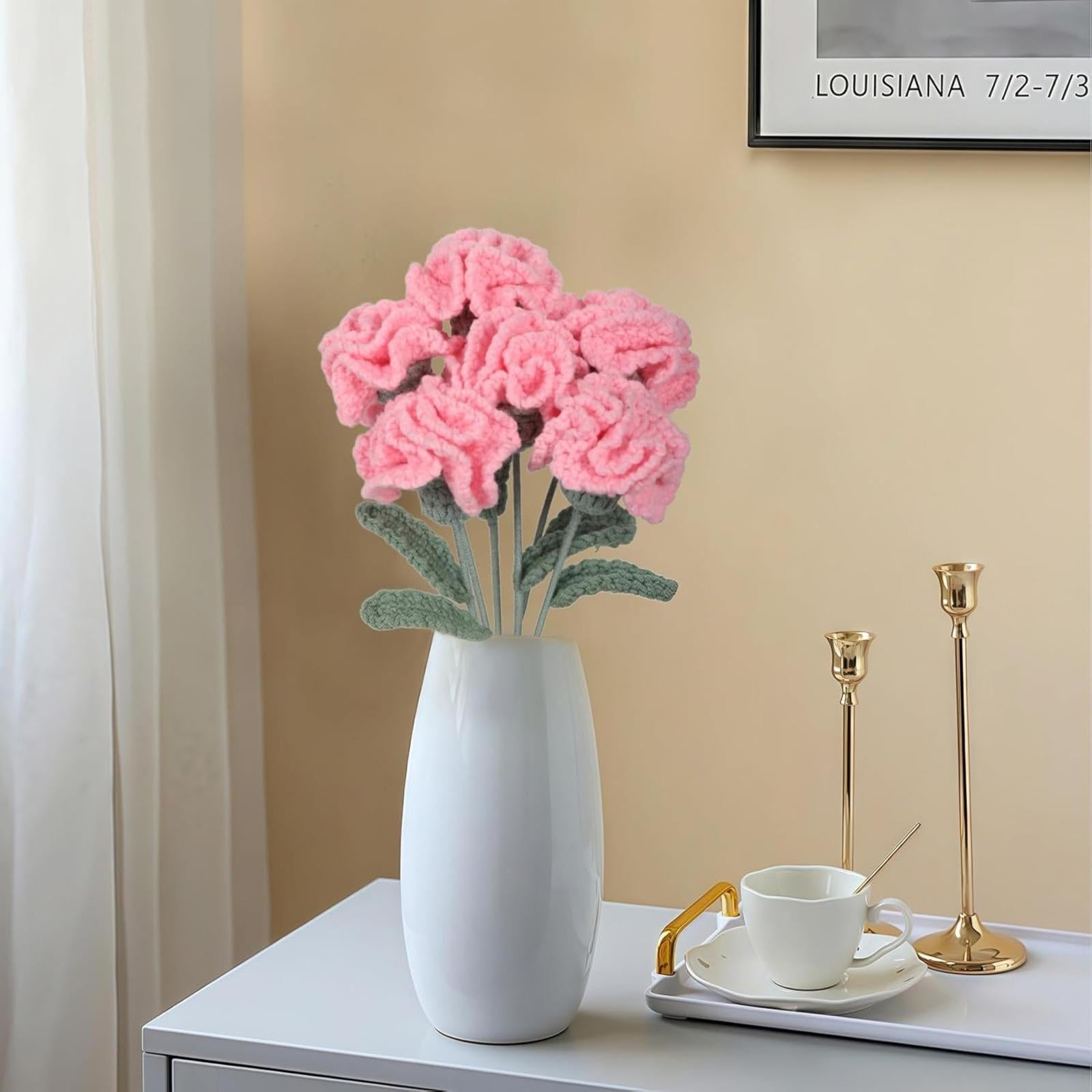 Handmade Crochet Carnation Flowers 6pcs 16.9 inch Bendable Stem | Vase Table Home Decor & Gift in Red Pink White Blue Peach Pink