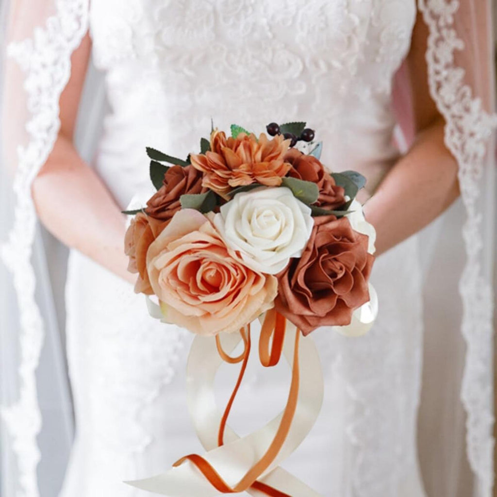 Artificial Rose Bridal Tossing Bouquet | Bride Bridesmaid Wedding Ceremony & Prom in Orange Pink Wine Red Blue