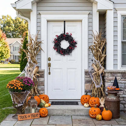 Black rose Halloween wreath with red berries hung on a white front door surrounded by Halloween porch decorations
