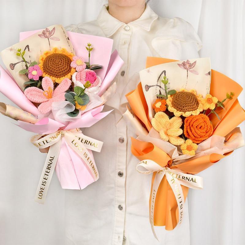 Handmade Crochet Flower Bouquet with Sunflowers Roses & Eucalyptus | Mother's Day Wedding Graduation & Valentine's Day Gift in Light Pink Yellow Blue