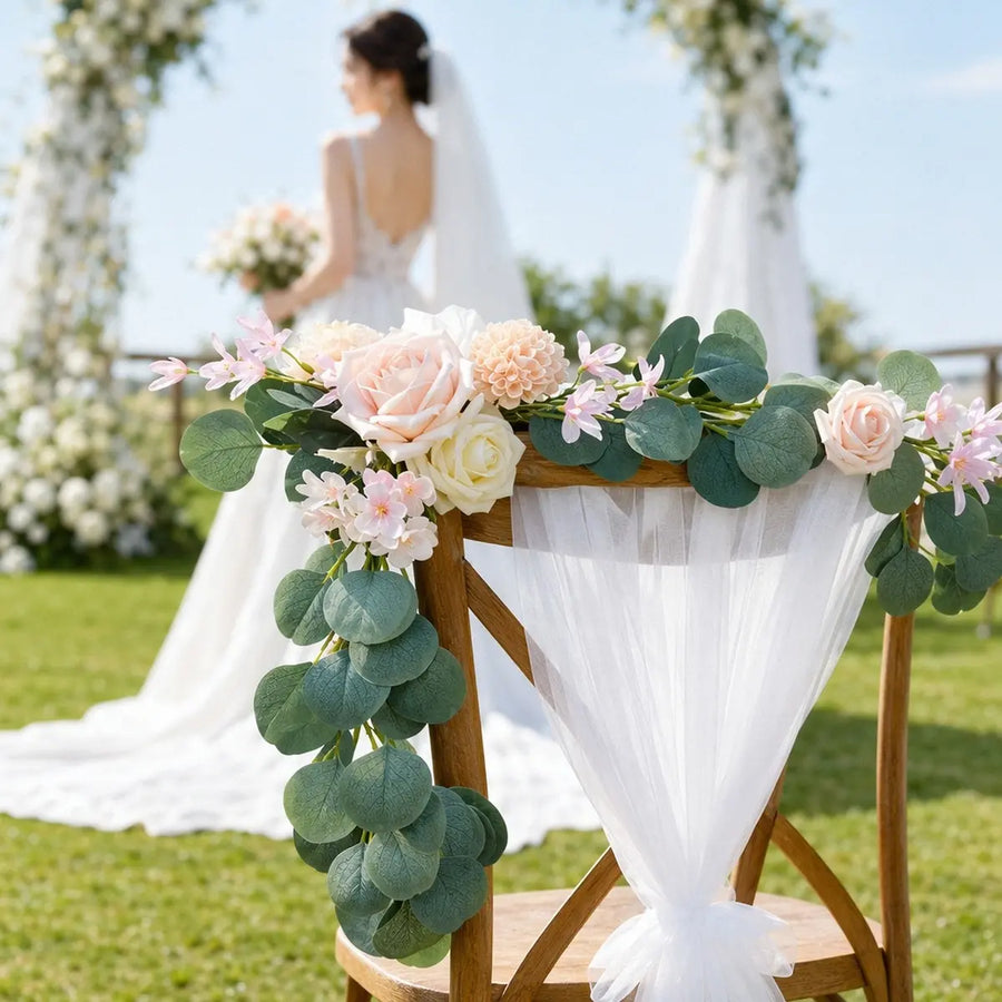 Blush Pink Rose Hydrangea Silver Dollar Eucalyptus Chair Swag – Set of 2