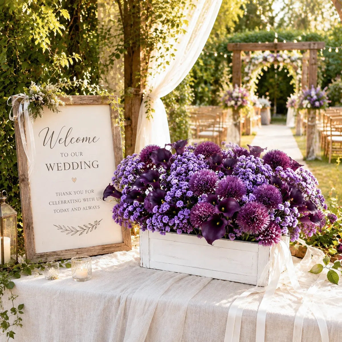 Artificial purple baby's breath allium and calla lily stem set 34pcs in white wood box on outdoor garden wedding welcome table – IPOPU
