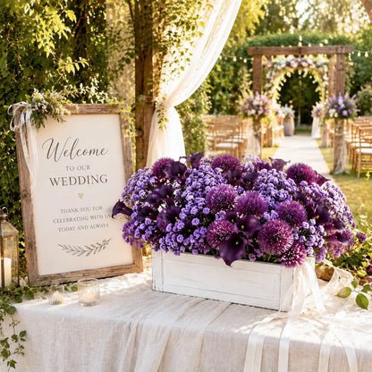 Artificial purple baby's breath allium and calla lily stem set 34pcs in white wood box on outdoor garden wedding welcome table – IPOPU
