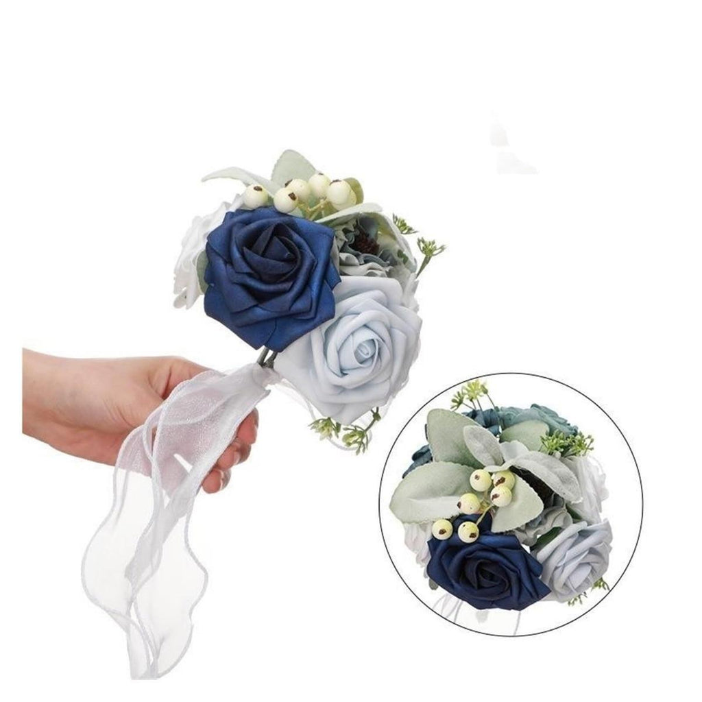 Lake Blue Artificial Rose Bouquet | Wedding Bridesmaids Groomsmen Bridal Party Decor with Decorative Fruit Ornaments