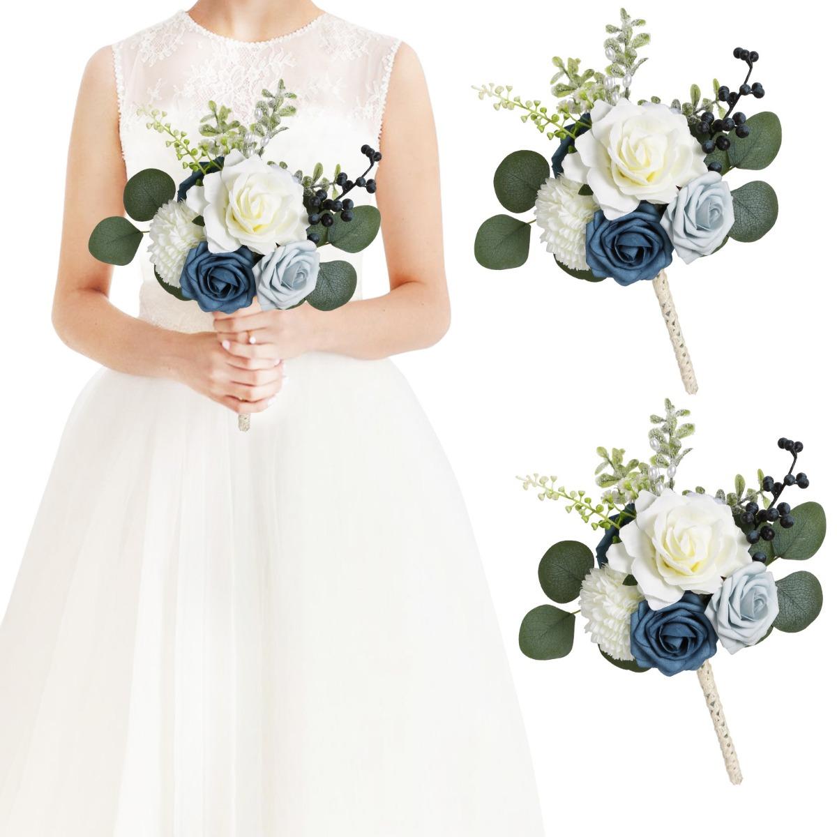 Dusty Blue Wedding Bouquet Artificial White Rose & Eucalyptus | Bride Bridesmaid & Toss Bouquet for Wedding Bridal Decor in Blue White