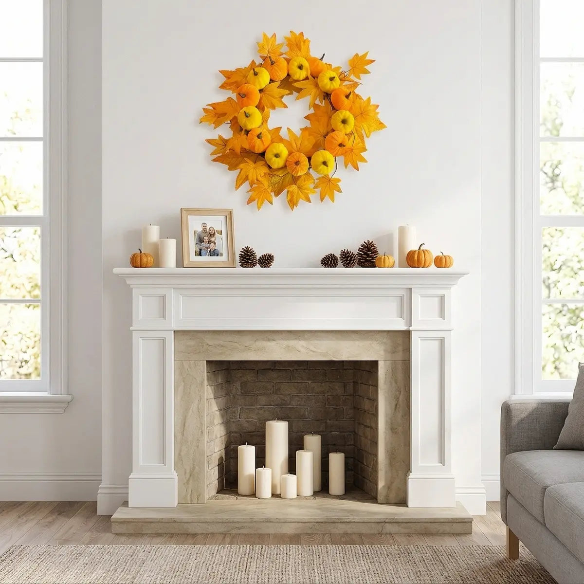 Fall wreath with pumpkins and autumn maple leaves displayed above a fireplace mantel for Thanksgiving harvest decor
