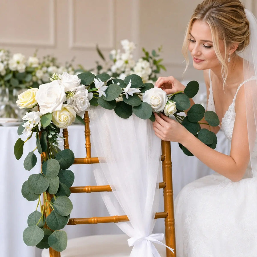 White Rose Silver Dollar Eucalyptus Chair Swag – Set of 2