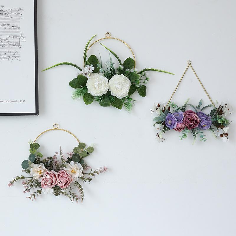 Iron Rose Wreath Simulation Flower Wall Hanging Basket | Home Door Entryway Wedding Decor in Pink White