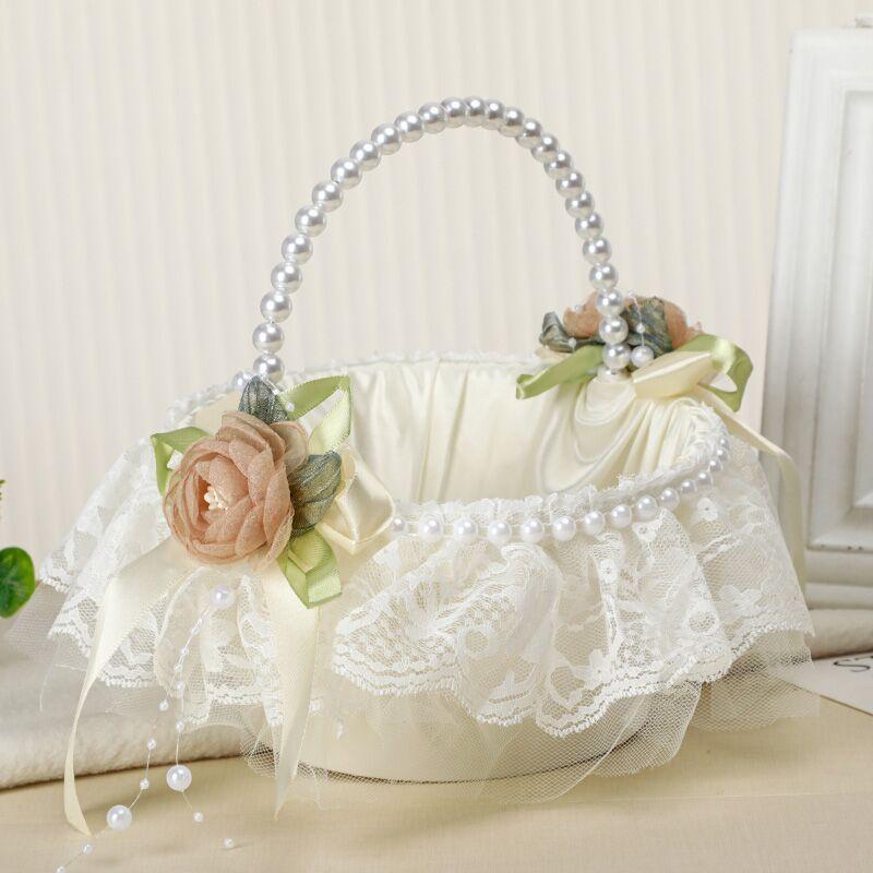 Wedding Flower Girl Basket with Pearl Handle | Satin Petal Basket for Wedding Ceremony Bridal Shower & Home Decor in Beige White