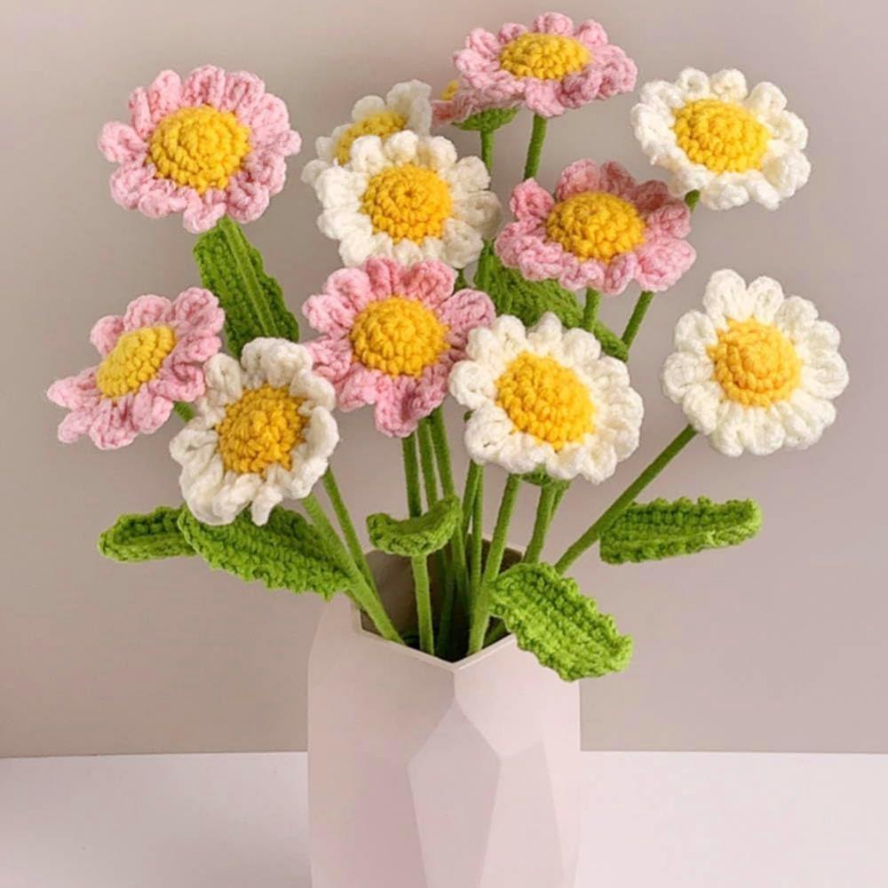 6pcs Handmade Knitted Sunflower Daisy Artificial Flowers for Decorative Crochet Flowers, Flocked Daisy Bouquets Plants Wedding Bedroom Centerpieces