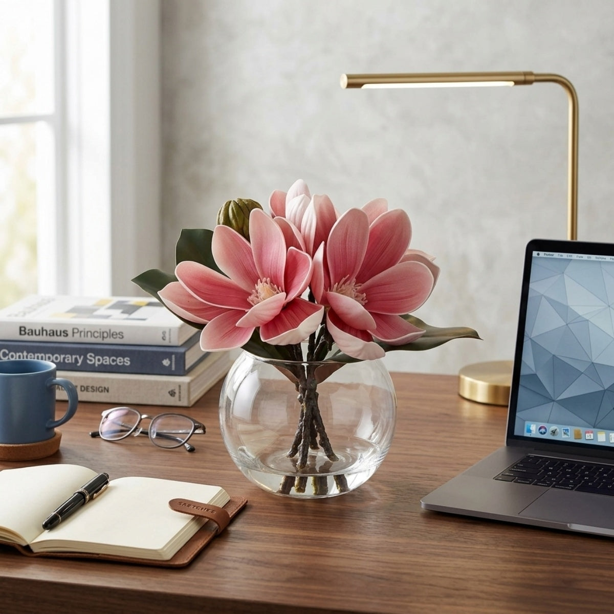 Artificial Magnolia Flowers in Glass Vase with Fake Water | Home Decor Bathroom Office Centerpiece