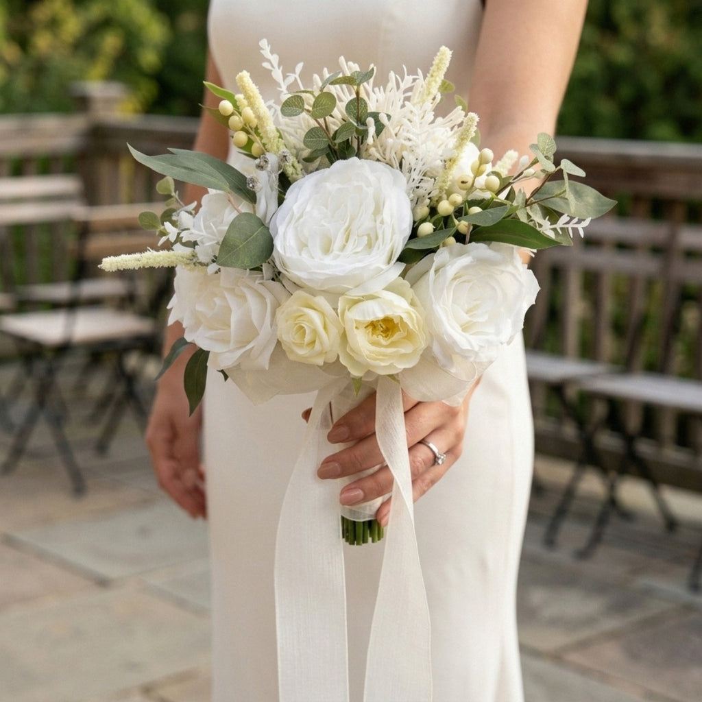 Artificial White Rose Bouquet with Green Leaves Wedding Bridal Flower Arrangement Home Table Decor