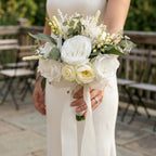Artificial White Rose Bouquet with Green Leaves Wedding Bridal Flower Arrangement Home Table Decor