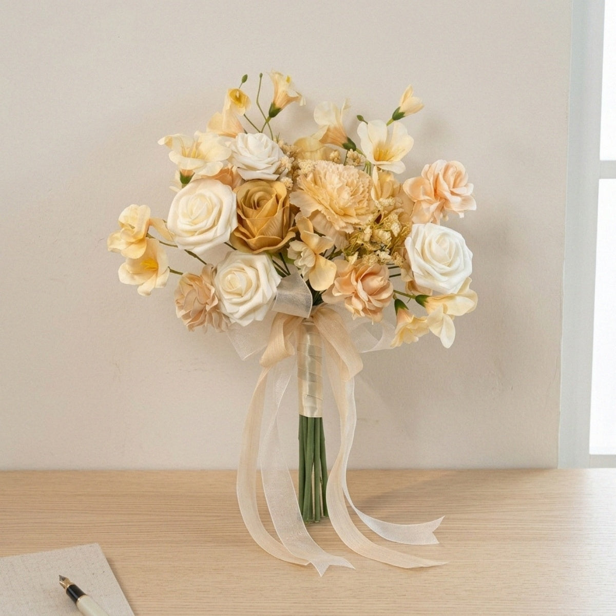 Champagne rose and blush peony artificial bouquet with eucalyptus greenery for wedding and home decor