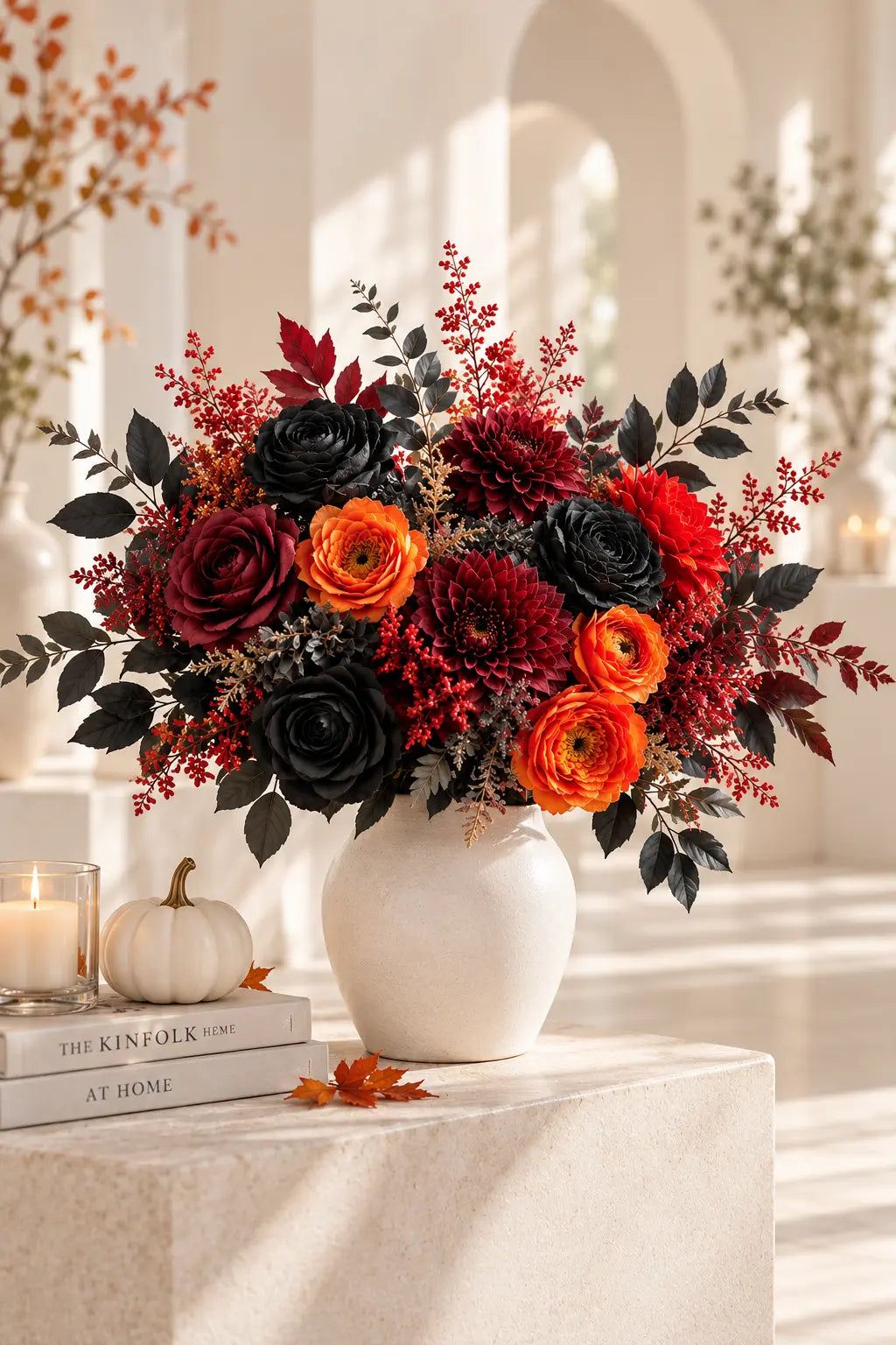 Artificial fall floral arrangement in white ceramic vase featuring black roses, burgundy dahlias, orange ranunculus, red berry branches, and dark foliage, styled with a white mini pumpkin and candle on stacked books