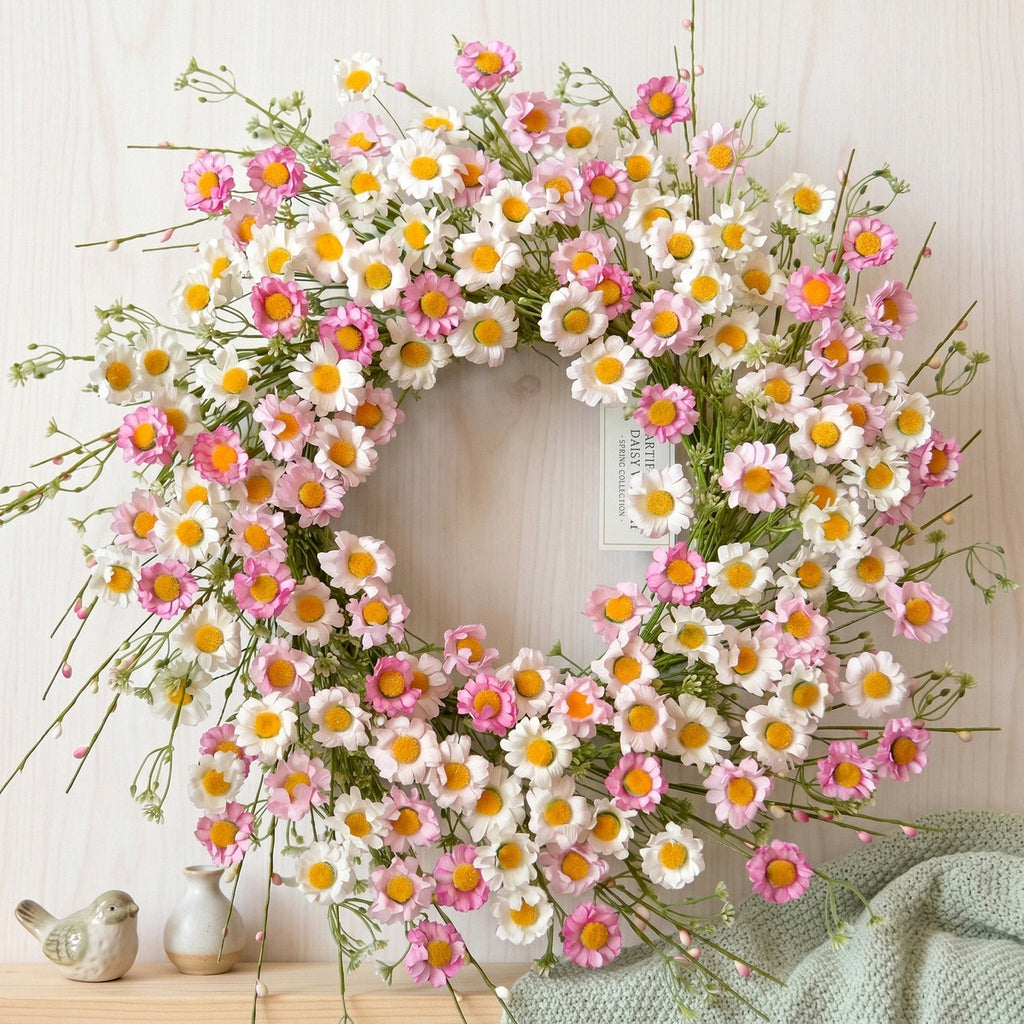 Artificial Daisy Wreath Spring Summer Floral Wreath with Pink and White Flowers for Front Door Wall Home Garden Porch Decoration