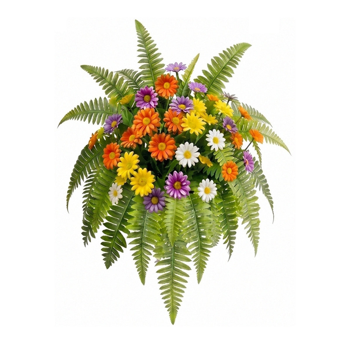 Artificial daisy flower bouquet with colorful gerbera blooms and green fern leaves for home garden table centerpiece wedding and party decor