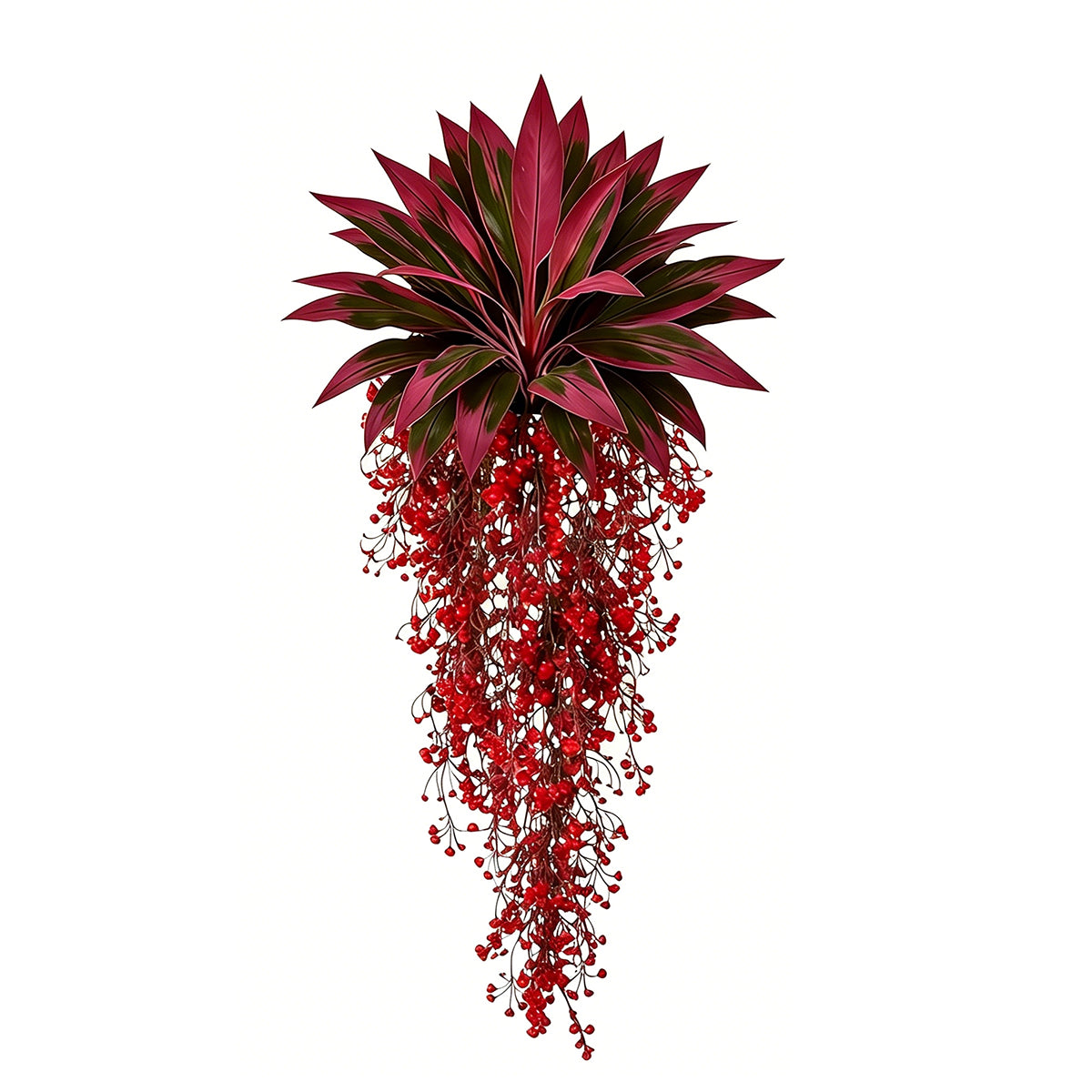 Artificial red ti plant with cascading berry bushes fake Cordyline fruticosa tropical leaves for home garden patio porch and wall hanging decor