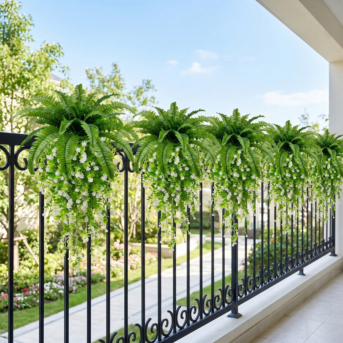 Artificial Hanging Fern Plant with White Flower Vine Fake Boston Fern Wall Basket Greenery for Home Garden Patio Porch Ceiling Decor
