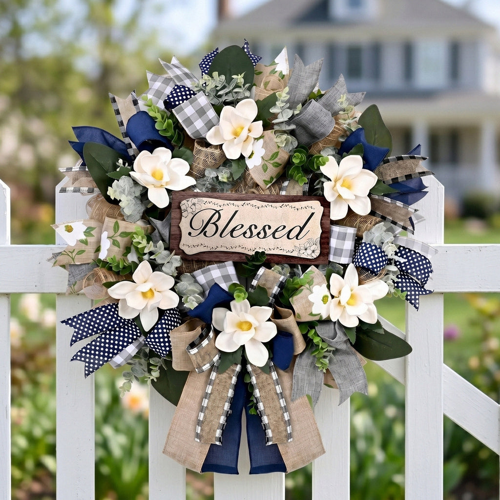 Farmhouse Blessed Wreath for Front Door | Wooden Sign Navy Blue Burlap Ribbon & White Flower Wreath for Home Wall Porch & Entryway Decor