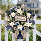 Farmhouse Blessed Wreath for Front Door | Wooden Sign Navy Blue Burlap Ribbon & White Flower Wreath for Home Wall Porch & Entryway Decor