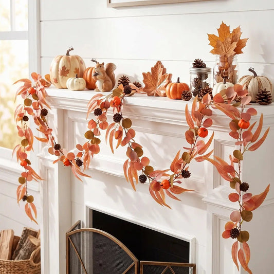 2-piece pumpkin fall maple leaves garland draped over a white fireplace mantel with autumn decor
