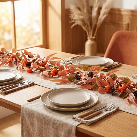 Artificial autumn foliage garland with maple leaves and pumpkins on a Thanksgiving dinner table