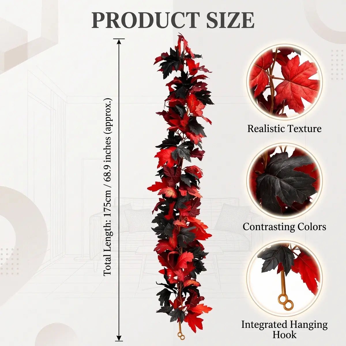 Product size chart showing 2pcs artificial red and black maple leaf fall garland, each measuring 175cm (68.9 inches) total length, with closeup details of realistic red maple leaf texture, contrasting red and black leaf colors, and integrated hanging hook at vine end