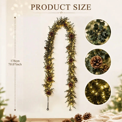 Product size chart showing Halloween vine garland length of 178cm / 70.07 inch with eucalyptus leaves, pine cones and warm LED lights
