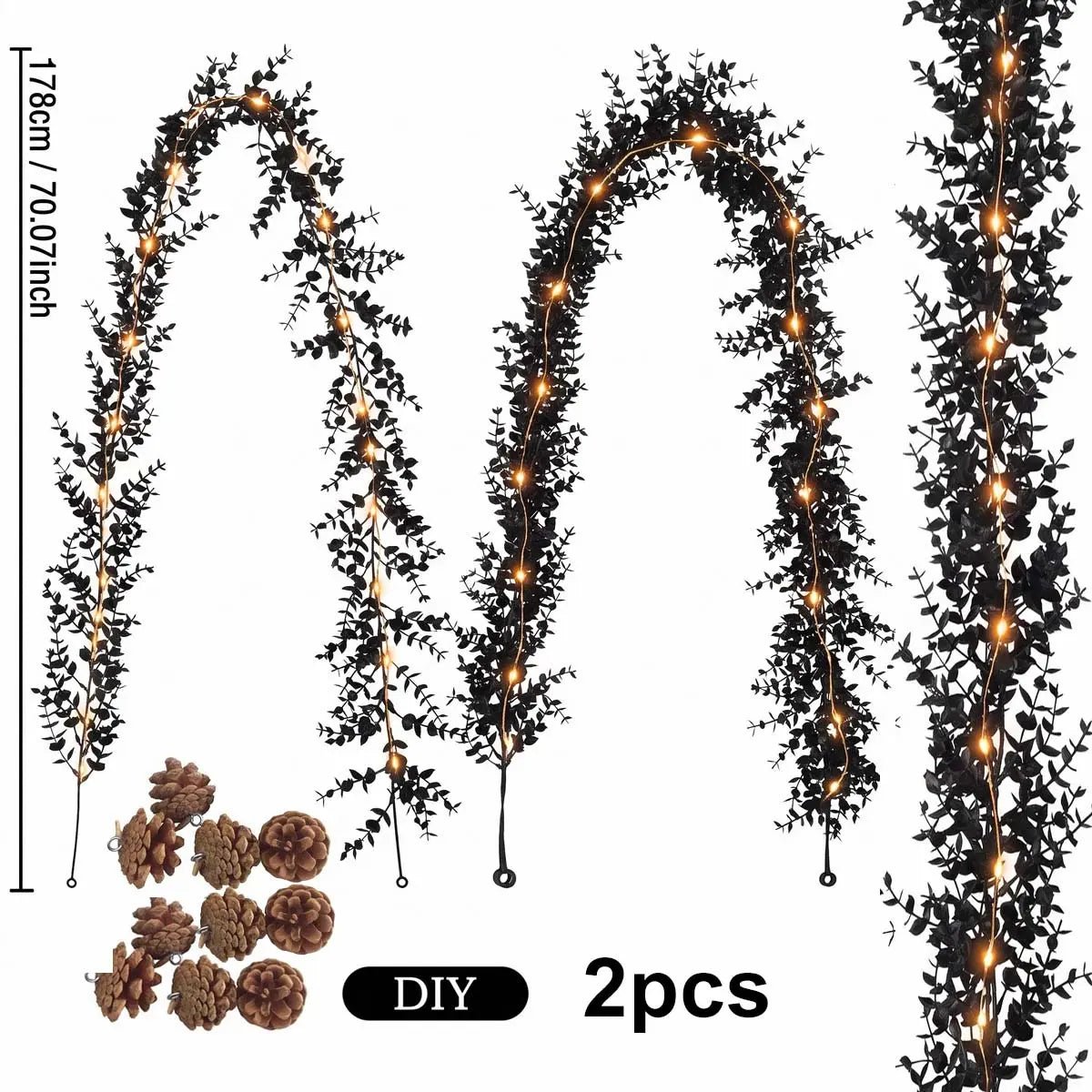 2pcs faux black Halloween vine garland set with 10 DIY pine cones, 70.07 inch each, product contents display
