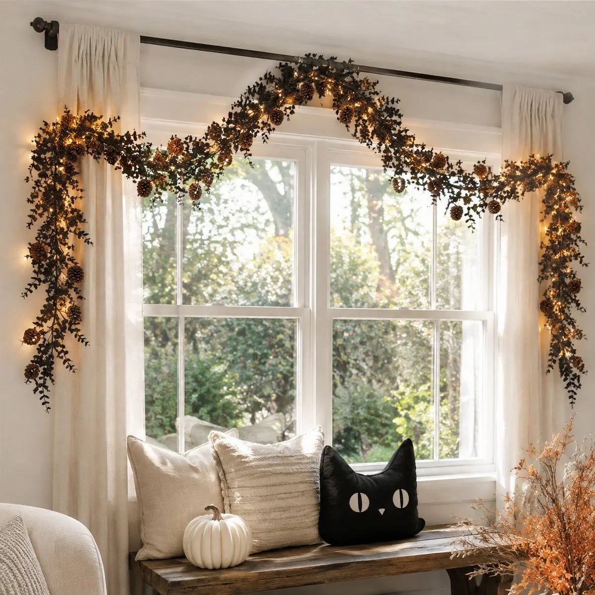 2pcs black vine garland with warm lights framing window arch for Halloween gothic decoration
