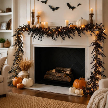 Halloween vine garland with lights draped over fireplace mantle with pumpkins and bat decorations for spooky home decor
