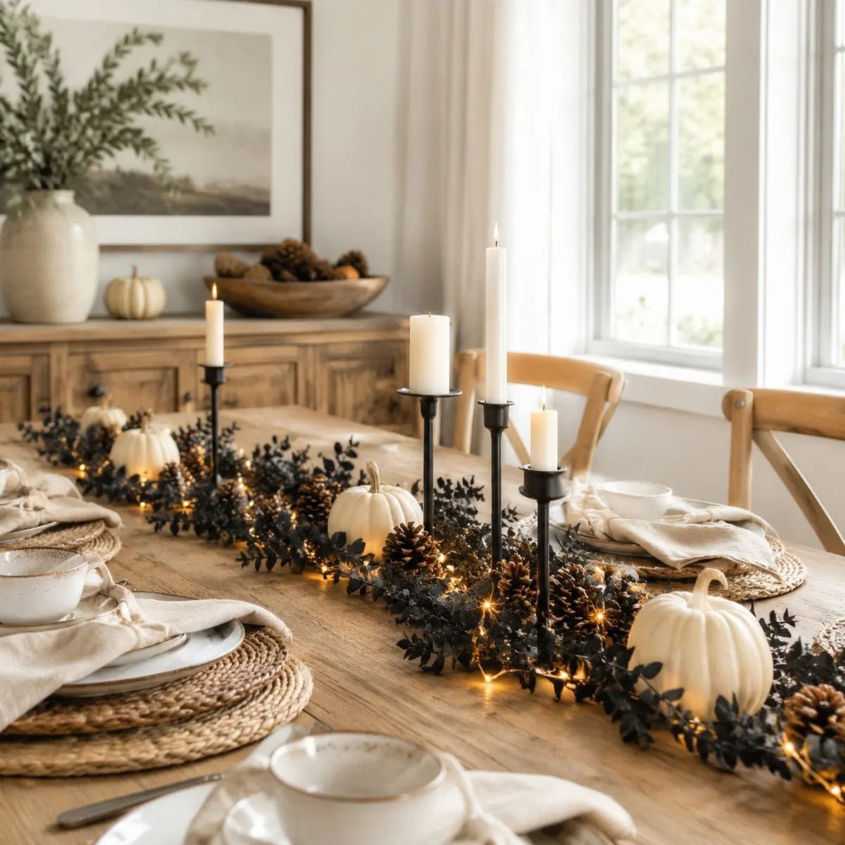 Faux black Halloween vine garland styled on dining table with candles and gothic Halloween party decor
