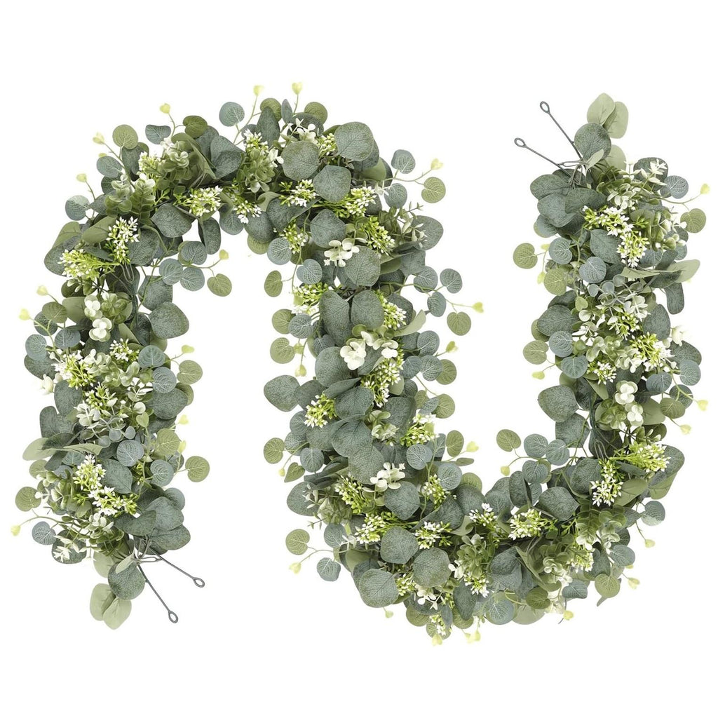 Artificial eucalyptus grapevine garland 2pcs with white flowers for wedding arch party backdrop home decor