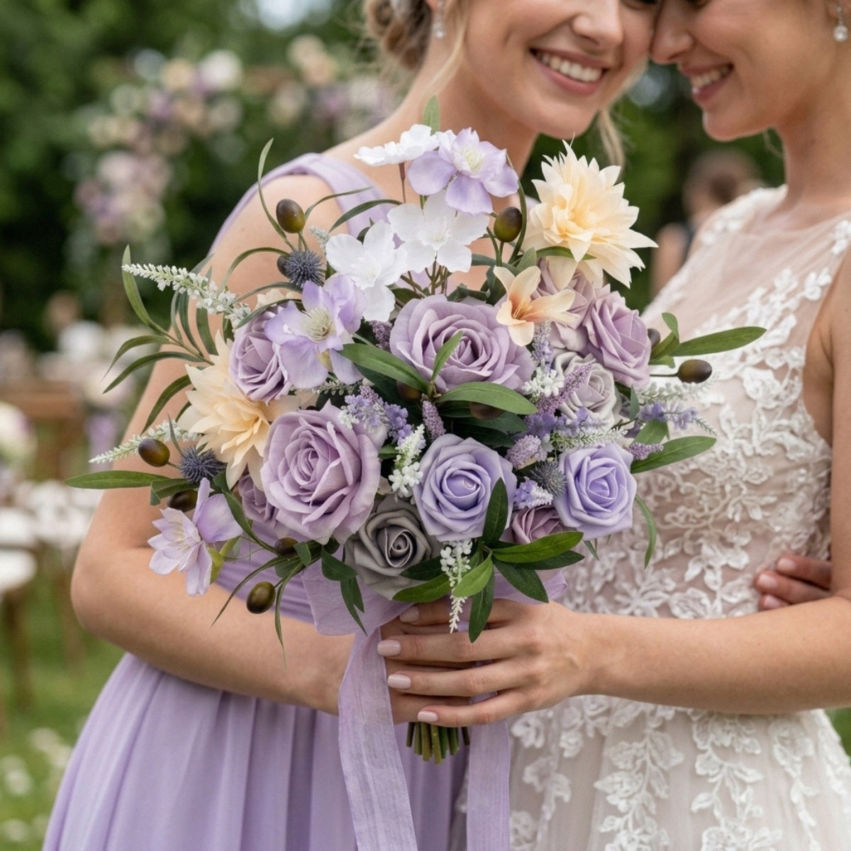 Artificial Purple Rose & Peony Bouquet | Wedding Bridal Flower Arrangement with Chiffon Ribbon for Ceremony Bridal Shower & Home Decor