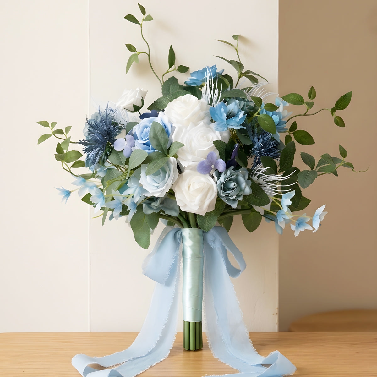 Dusty blue and white artificial bridal bouquet for wedding ceremony bride and bridesmaid