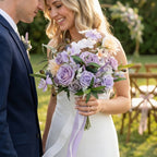 Artificial Purple Rose & Peony Bouquet | Wedding Bridal Flower Arrangement with Chiffon Ribbon for Ceremony Bridal Shower & Home Decor