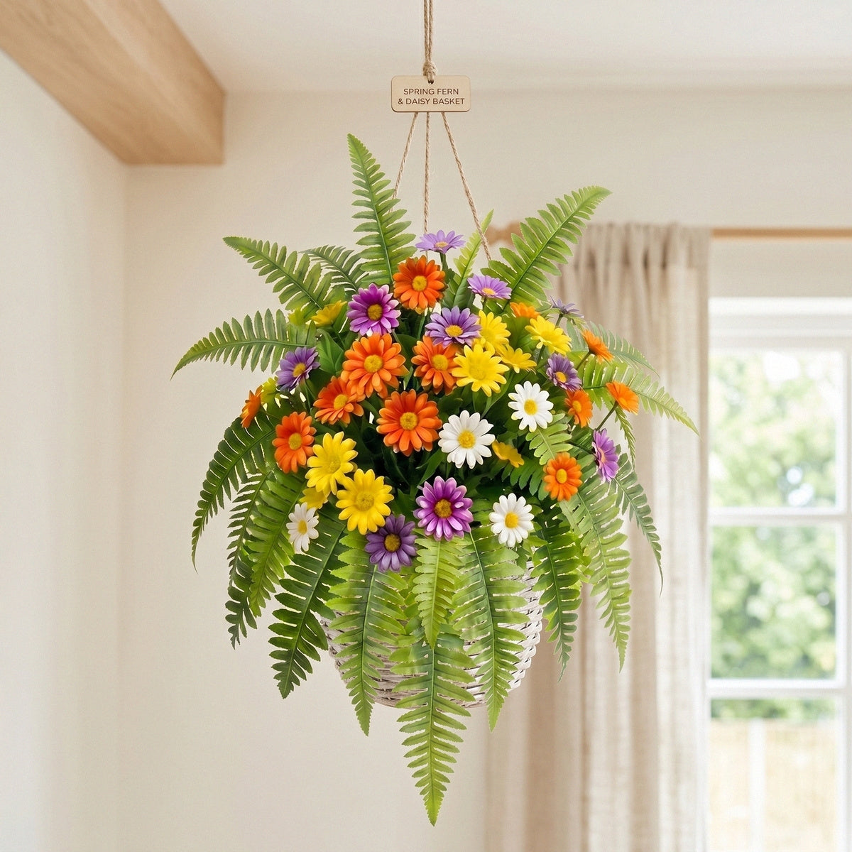 Artificial Daisy Flower Bouquet with Fern Leaves Mixed Colorful Gerbera Fake Floral Arrangement for Home Garden Table Centerpiece Wedding Party Decor