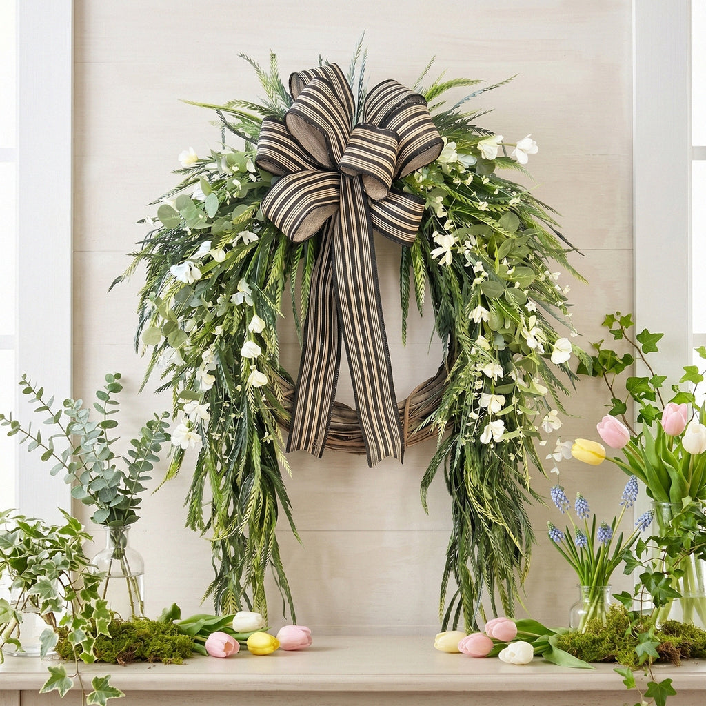 Artificial Greenery Wreath with Striped Bow and White Berries Pine Fern Eucalyptus Door Wall Hanging Decor