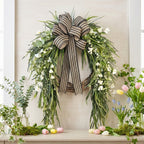Artificial Greenery Wreath with Striped Bow and White Berries Pine Fern Eucalyptus Door Wall Hanging Decor