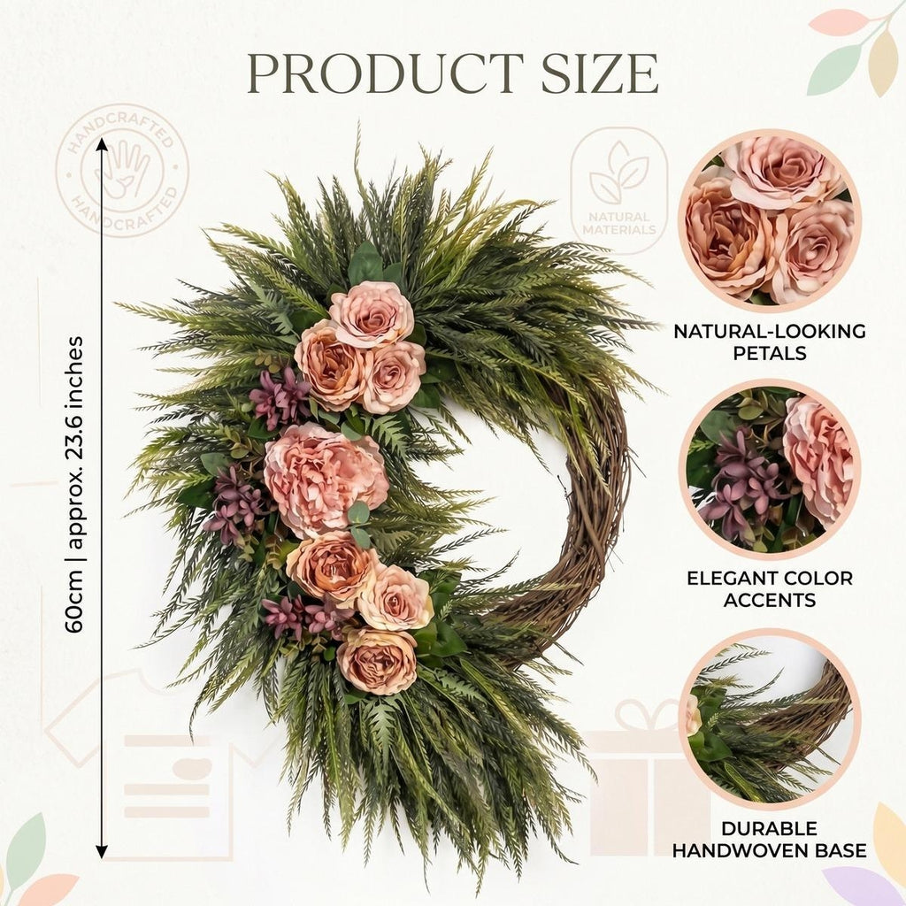 Asymmetric Pink Rose Wreath Front Door Decor Boho Fern Garland Spring Summer Home Wall Hanging Porch Art