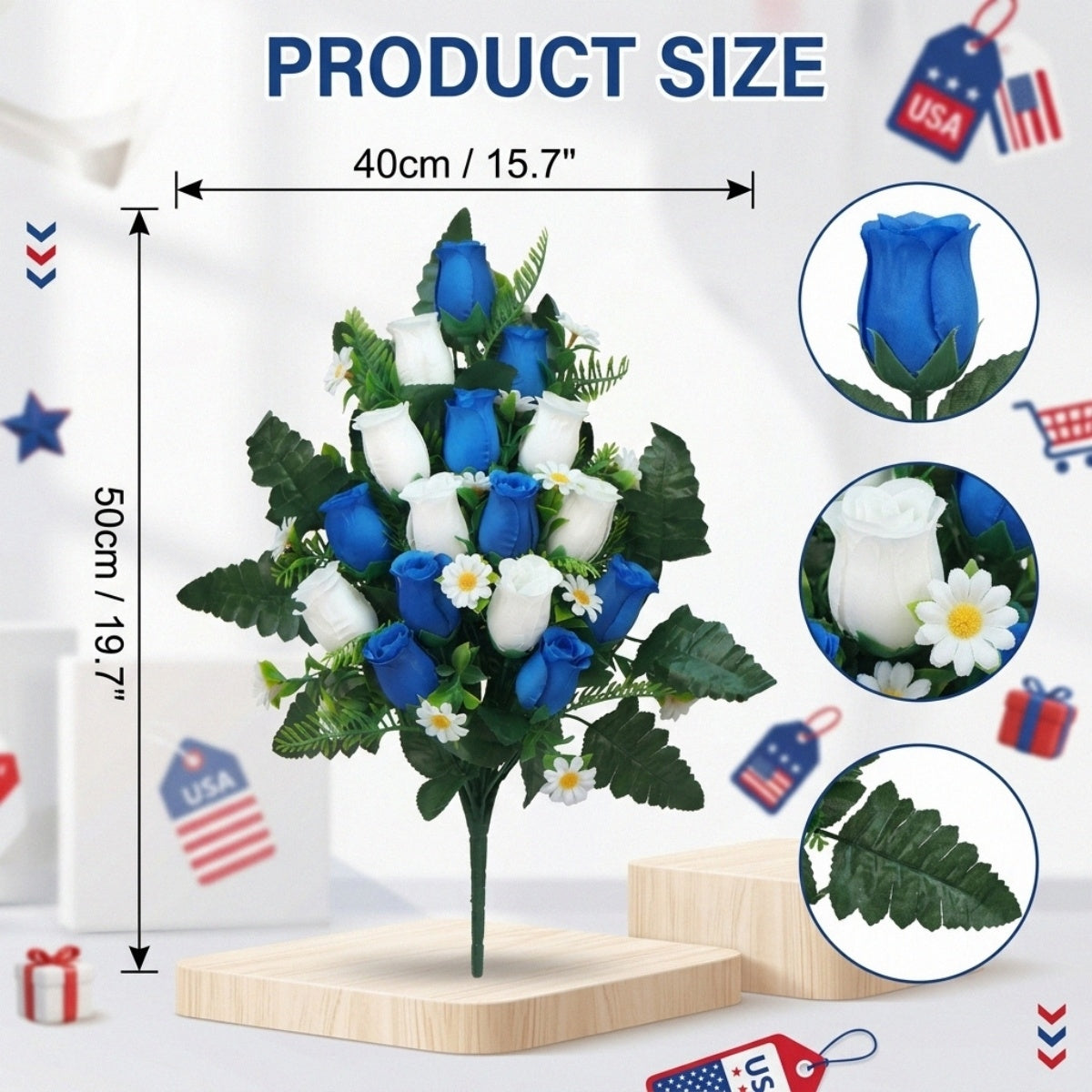 Blue Cemetery Flowers Memorial Rose Bouquets With Cemetery Vase for memorial decor by IPOPU