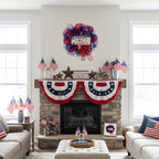 Close-up of lifelike 4th of july patriotic flag wreath for front door window by IPOPU