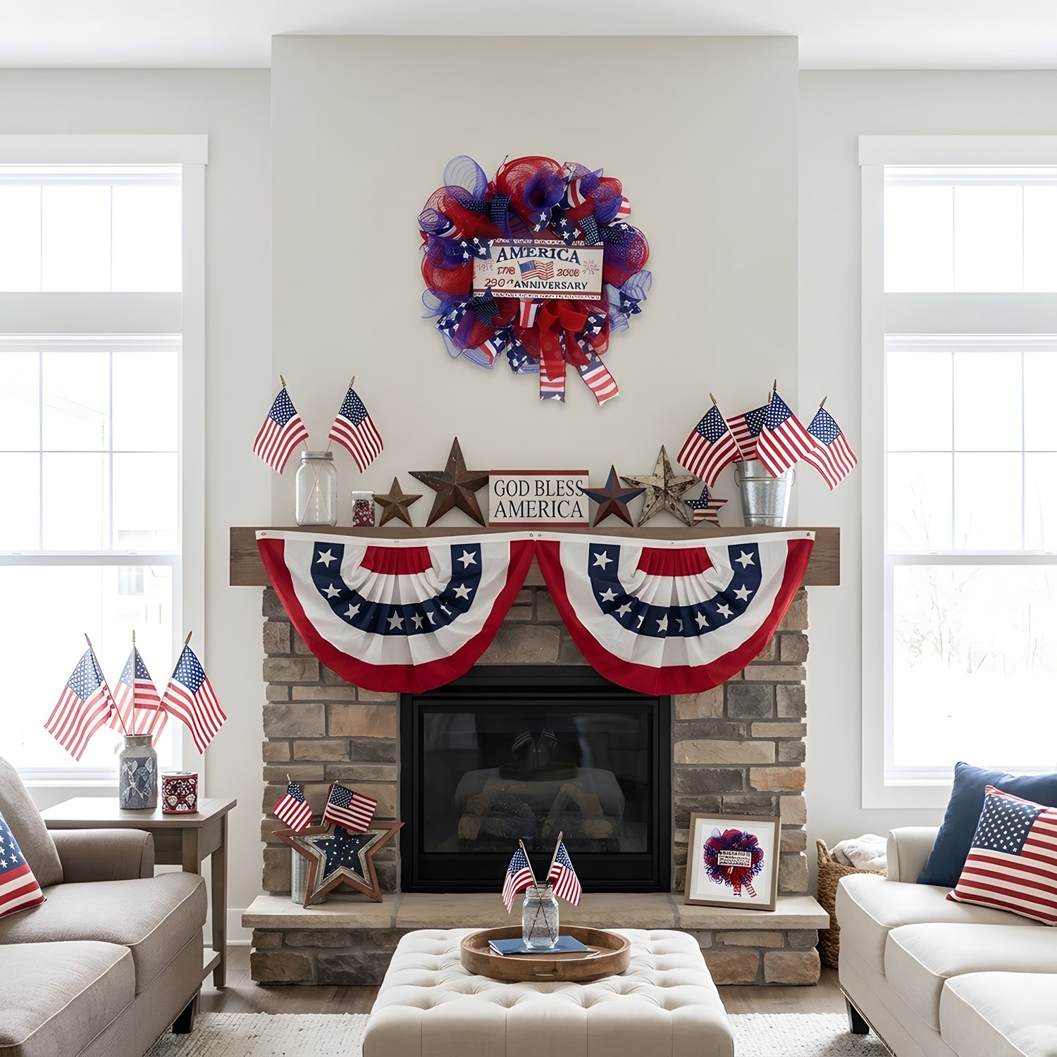 Red white and blue patriotic American flag wreath for 4th of July front door and wall decoration