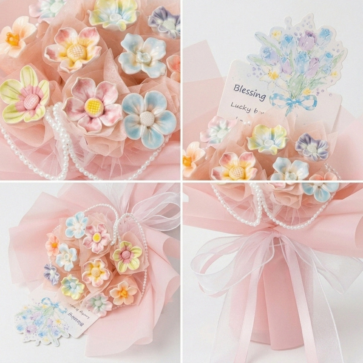 DIY Mini Ceramic Flower Bouquet Material Kit Handmade Clay Assembly Set with Pearl Chain & Gift Packaging Craft Gift